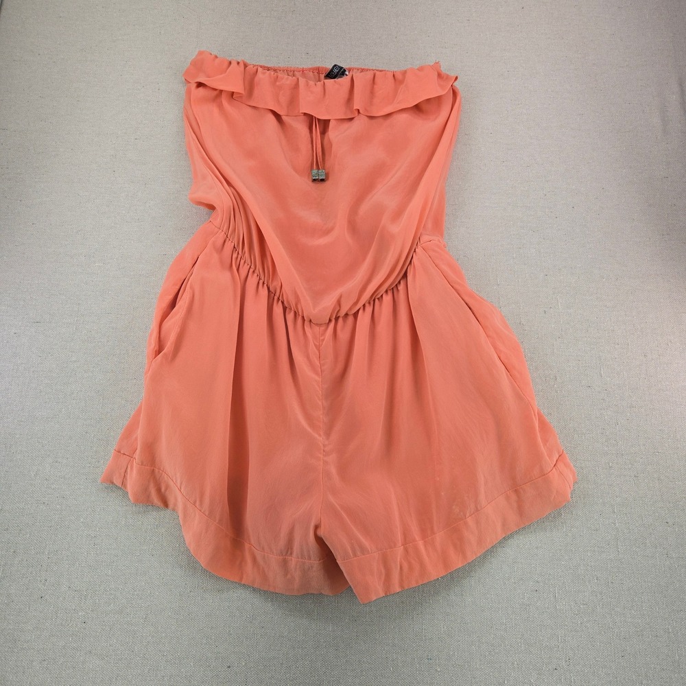 Forever 21 Coral Strapless Romper Ruffle Pocket Peach Summer Jumpsuit Size 8